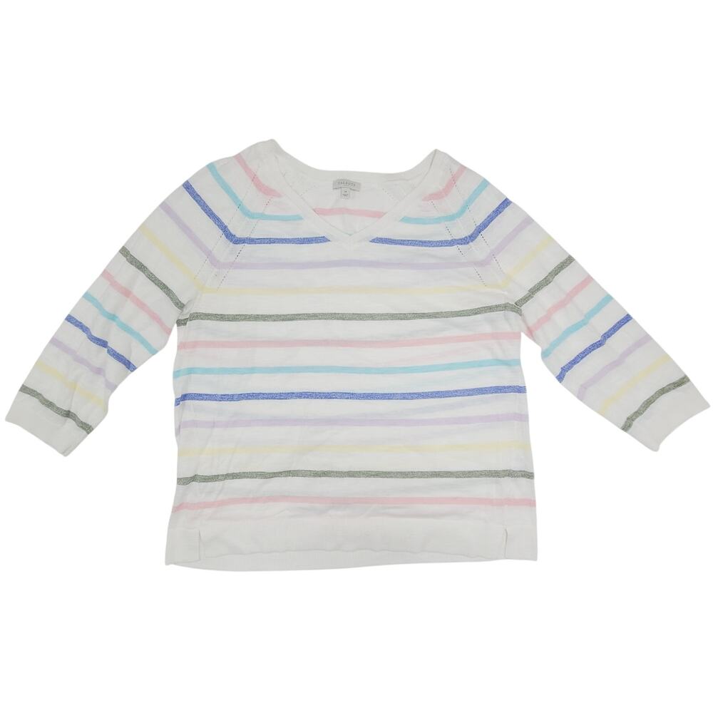 Talbots 100% Cotton Sweater Medium Pastel Stripe V Neck 3/4 Sleeve Lightweight